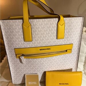 Michael Kors White Signature Tote with Yellow Leather Trim